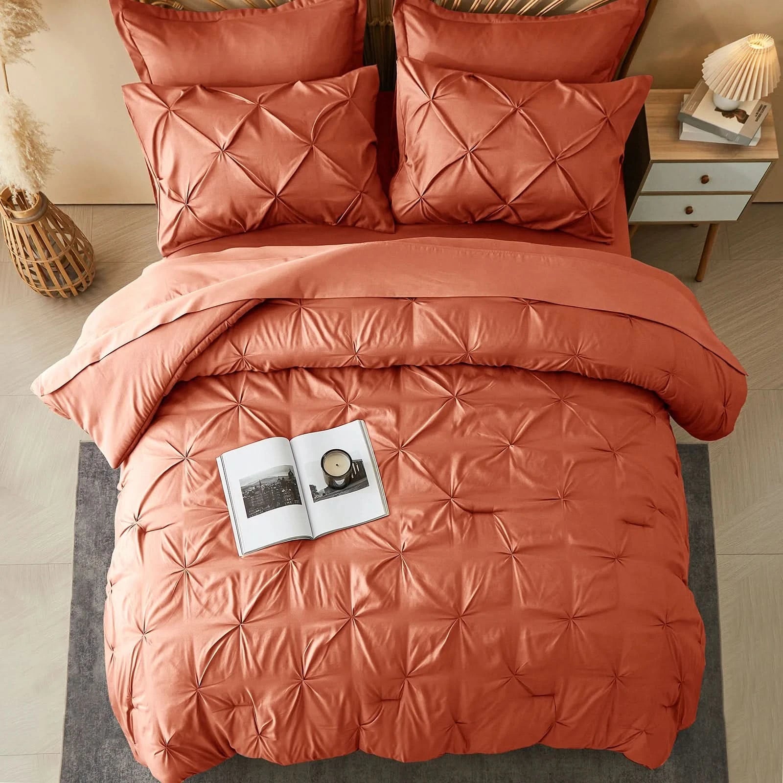 Coral-colored comforter set on a bed with an open book on top, in a bedroom setting.
Queen Bedding Set, 7 Piece Bedding Set, Pinch Pleat Comforter, Geometric Bedding, Microfiber Bedding, All Season Comforter, Soft Bedding, Machine Washable, Hypoallergenic Comforter, Luxury Bedding Set, Polyester Bedding, Hotel Quality Bedding, Elegant Bedroom Decor, Gift Bedding Set, Modern Bedding