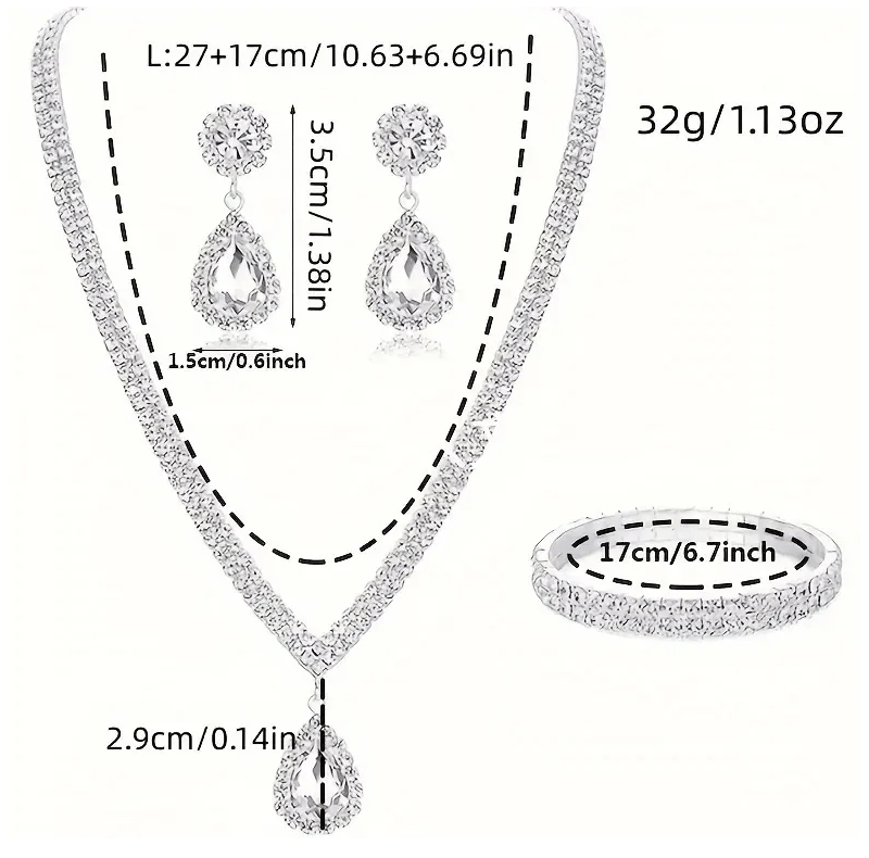 4 Pieces Luxurious Jewelry Set Exquisite Rhinestone Pendant Elegant Women's Crystal Silver Plated Necklace Earrings Bracelet Set - M & M Global