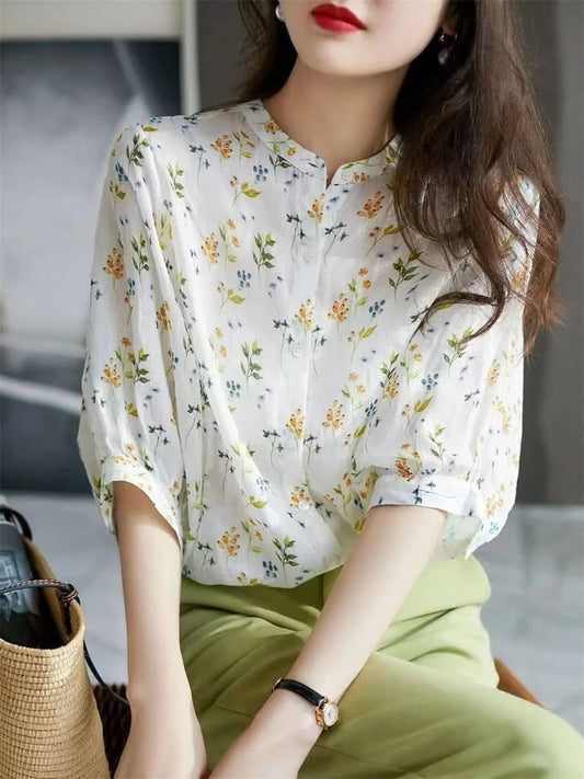 Women Summer Style Blouses Tops Lady Casual Short Puff Sleeve Stand Collar Flower Printed Blusas Tops SP1496 - M & M Global