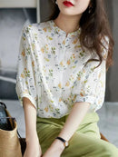 Women Summer Style Blouses Tops Lady Casual Short Puff Sleeve Stand Collar Flower Printed Blusas Tops SP1496 - M & M Global