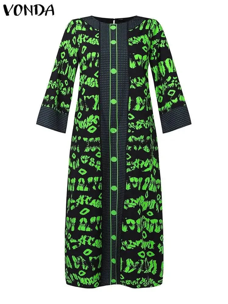VONDA Women Printed Dress 2024 Vintage Maxi Long Dress Autumn Patchwork Sundress Fashion Elegant Party Vestidos Femme Robe Baggy - M & M Global