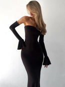Trendix Black Elegant Evening Dress Women Sexy Off Shoulder Slim High Waist Tube Dresses Beach Party Ruffle Backless Long Dress - M & M Global