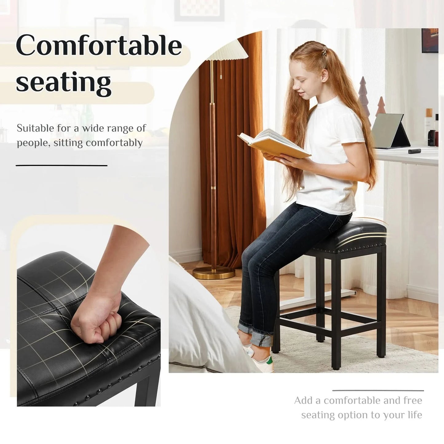 JHK Bar Stools Saddle-Style Pu Leather Upholstered Chair Counter Height Bar Stools with Metal Base Saddle Stools For Kitchen