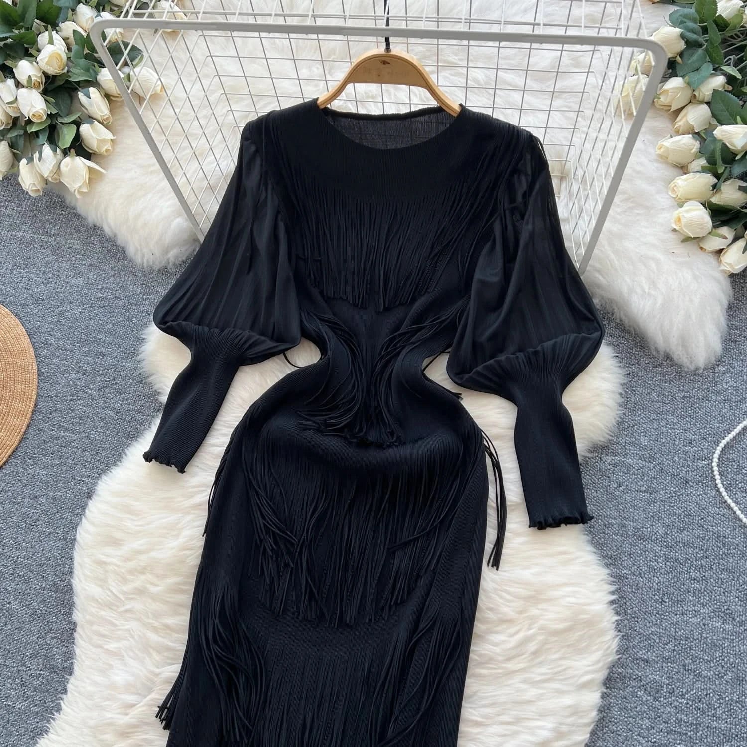 Vintage O-Neck Elegant Long Lantern Sleeve Chic Tassel Slim Long Dress French Fashion Evening High Street Autumn Winter Clothing - M & M Global