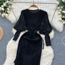 Vintage O-Neck Elegant Long Lantern Sleeve Chic Tassel Slim Long Dress French Fashion Evening High Street Autumn Winter Clothing - M & M Global