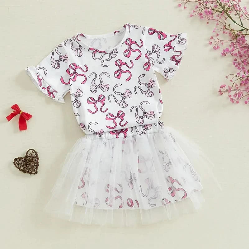 Infant Girls 2-Piece Summer Set with Short Sleeve Bow Print Top and Tulle Skirt - Adorable Baby Clothing for Warm Weather - M & M Global