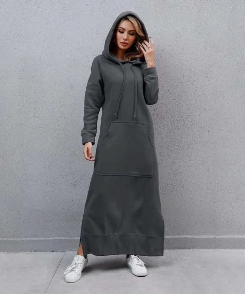 Autumn and Winter New Loose Size Knitted Hooded Long Dress Plush Casual Fashion Dress Large Pocket Skirt Women's Wear - M & M Global