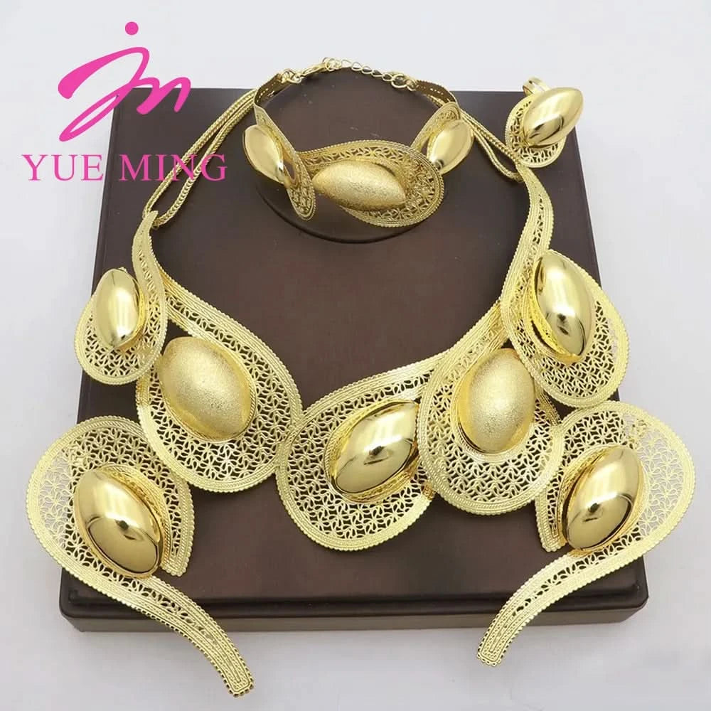 Jewelry Sets Women Italian Brazilian Gold Plated Luxury Wedding Necklace Earrings Bracelet Set Gold Colors Party Jewellery Gifts - M & M Global