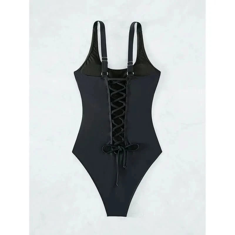 Women s-xxl size swimsuit One Piece black back bandage bikini Swimwear high waist bathing suit beach outfits bodysuit biquini - M & M Global