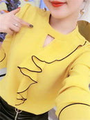 Women Spring Summer Style Chiffon Blouses Shirts Lady Casual Long Sleeve Ruffles Decor Stand Collar Chiffon Blusas Tops