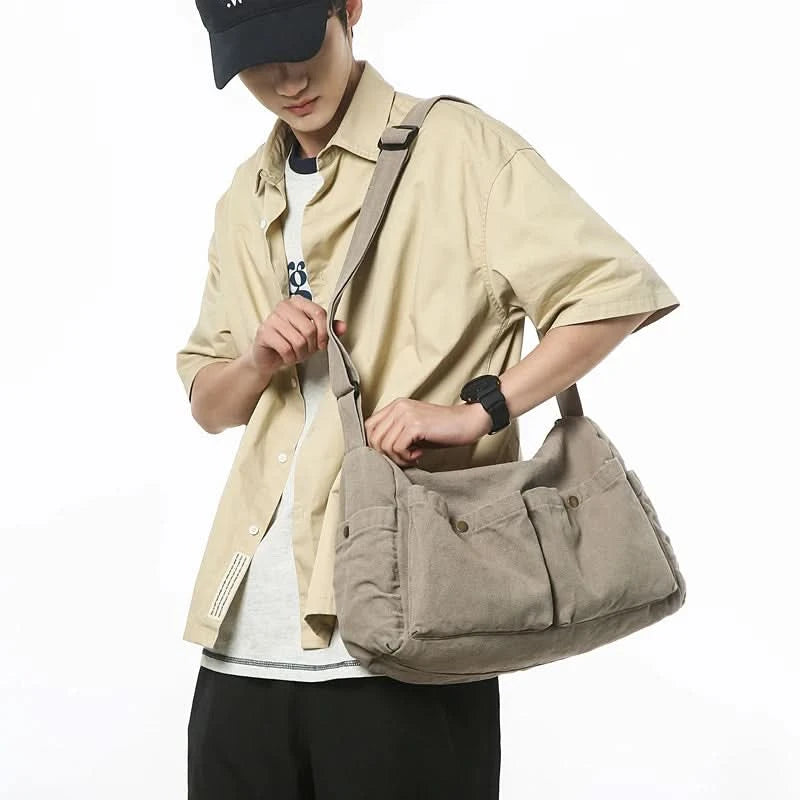 Vintage Style Canvas Messenger Bag Casual Travel Crossbody Bag Retro Large Capacity Shoulder Bag Multi Pocket Shoulder Bag - M & M Global
