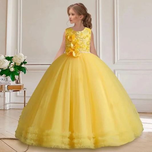 Girls' Sequin Pearl Princess Dress 5-14 Years Old Flower Decal Sleeveless Temperament Long Dress Halloween Banquet Fashion Dress - M & M Global