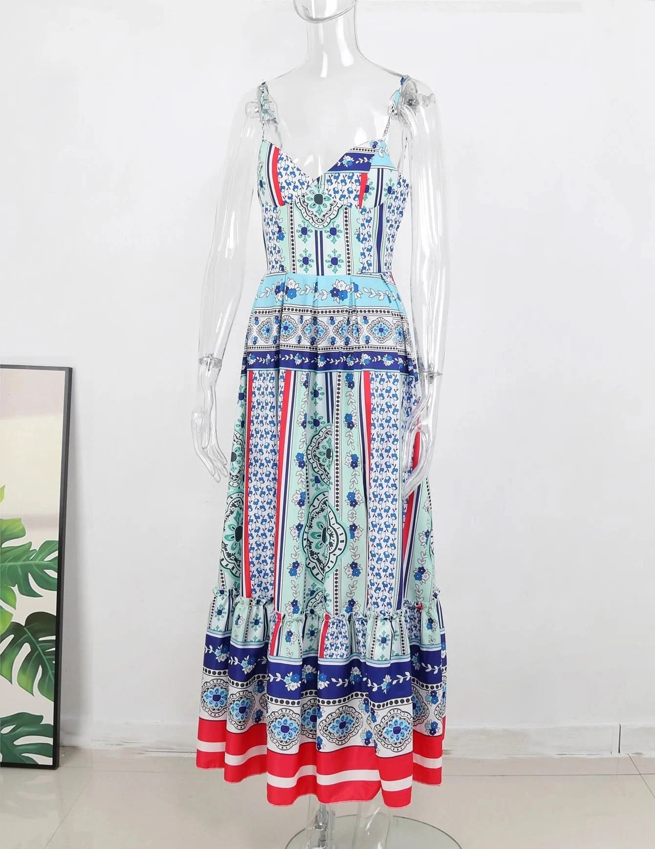 Summer Print Long Dress Women Clothing Lace Up Sling Party Dresses Pattern Strappy Ladies Hollow Out V-Neck Beach Vestidos - M & M Global
