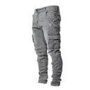 Men Street Elastic Denim Jeans Wash Solid Color Multi Pockets Cargo Pants Casual Slim Fit Daily Wear Joggers Mid Waist Trousers - M & M Global