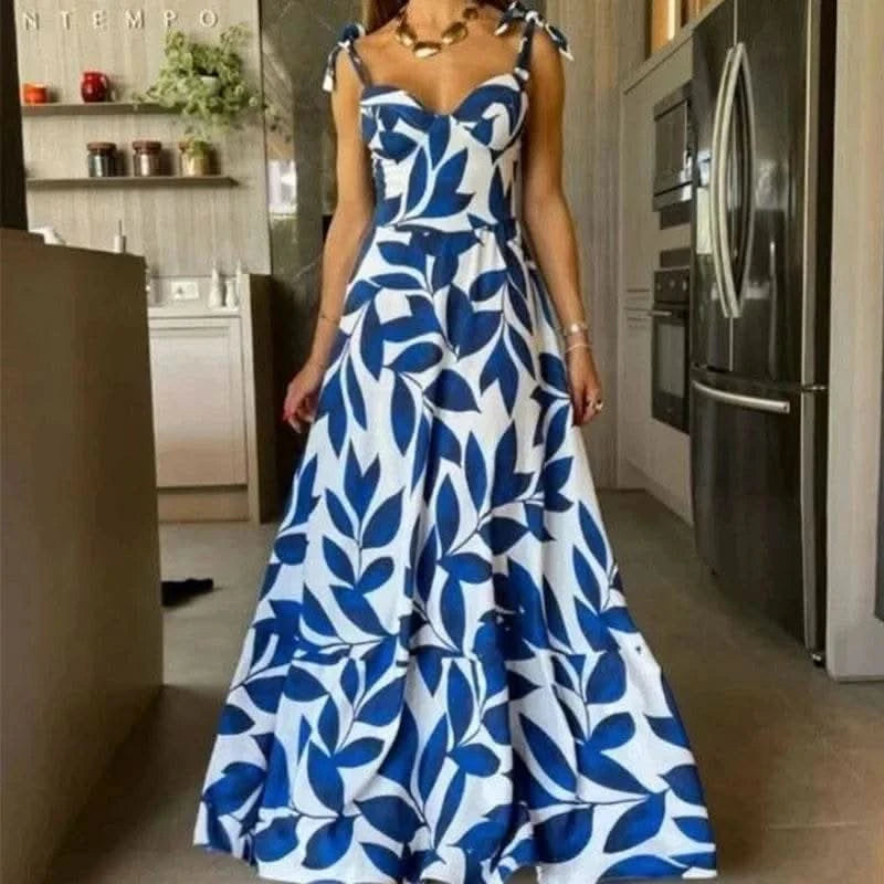 BAMBOOBOY Summer Print Long Dress Women Clothing Lace Up Party Dresses Pattern Spaghetti Strap Ladies V-Neck Beach Sundress - M & M Global