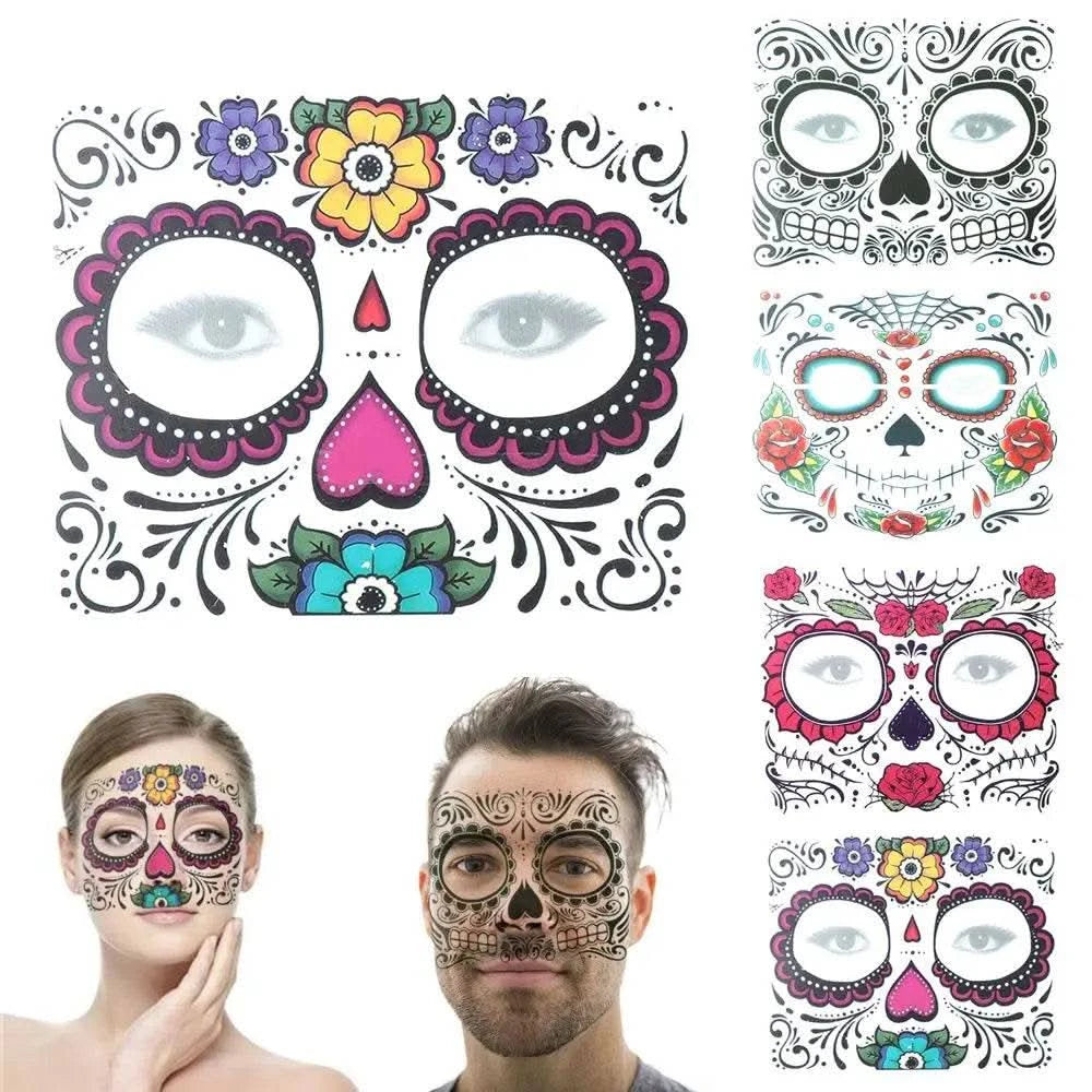 Day of The Dead Skull Face dress up Temporary Tattoo Stickers Pop Halloween Facial makeup Special Waterproof Face tattoo - M & M Global