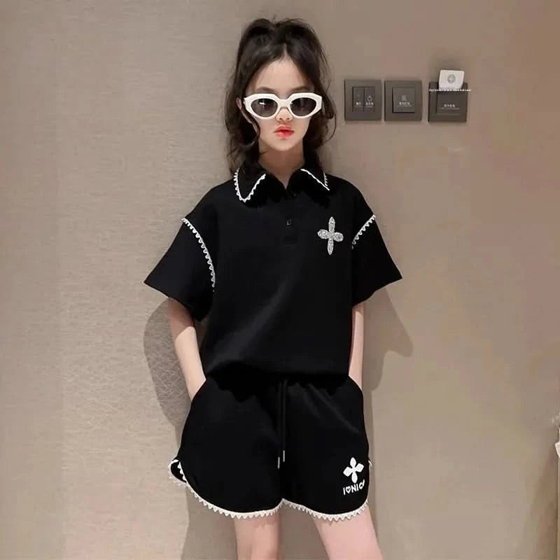 Girls Summer Polo Shirt Set Ruffle Collar T-Shirt Shorts Two-Piece Korean Style Mid-Big Children Fashionable Clothing - M & M Global