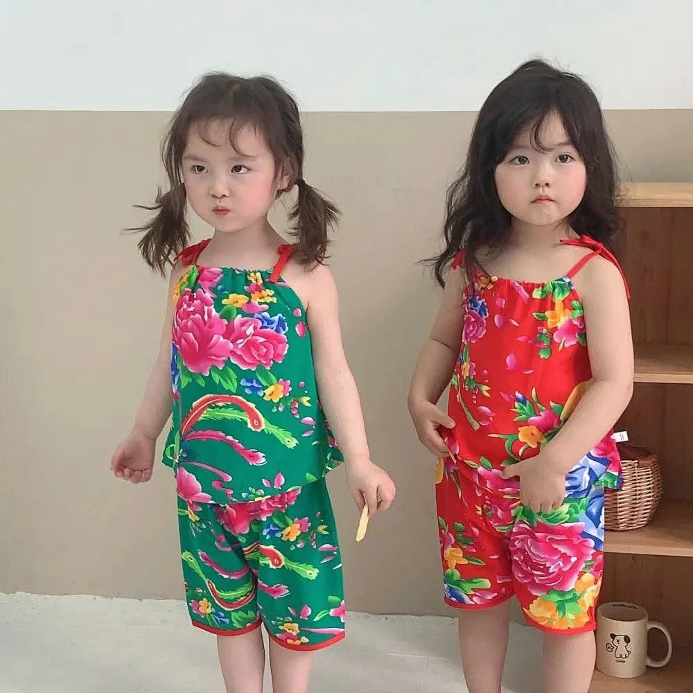Bear Leader Summer Fashion New Baby Girl Clothes Flower Print Suspender Top+Shorts 2-piece Set Ethnic Style Children's Clothing - M & M Global