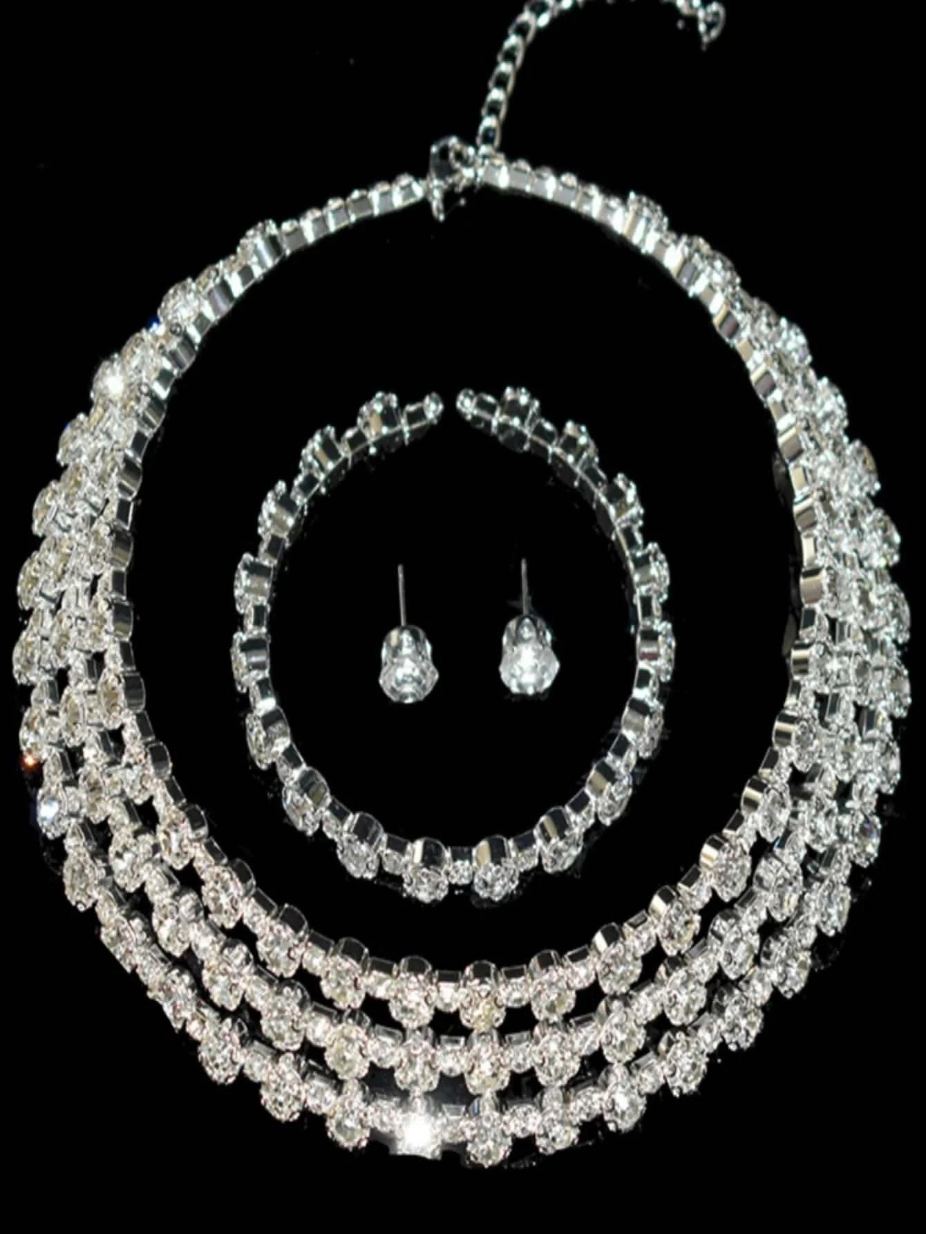 4-piece women's jewelry set with rhinestones, multi-layer collars, earrings, bracelets, wedding party accessories - M & M Global