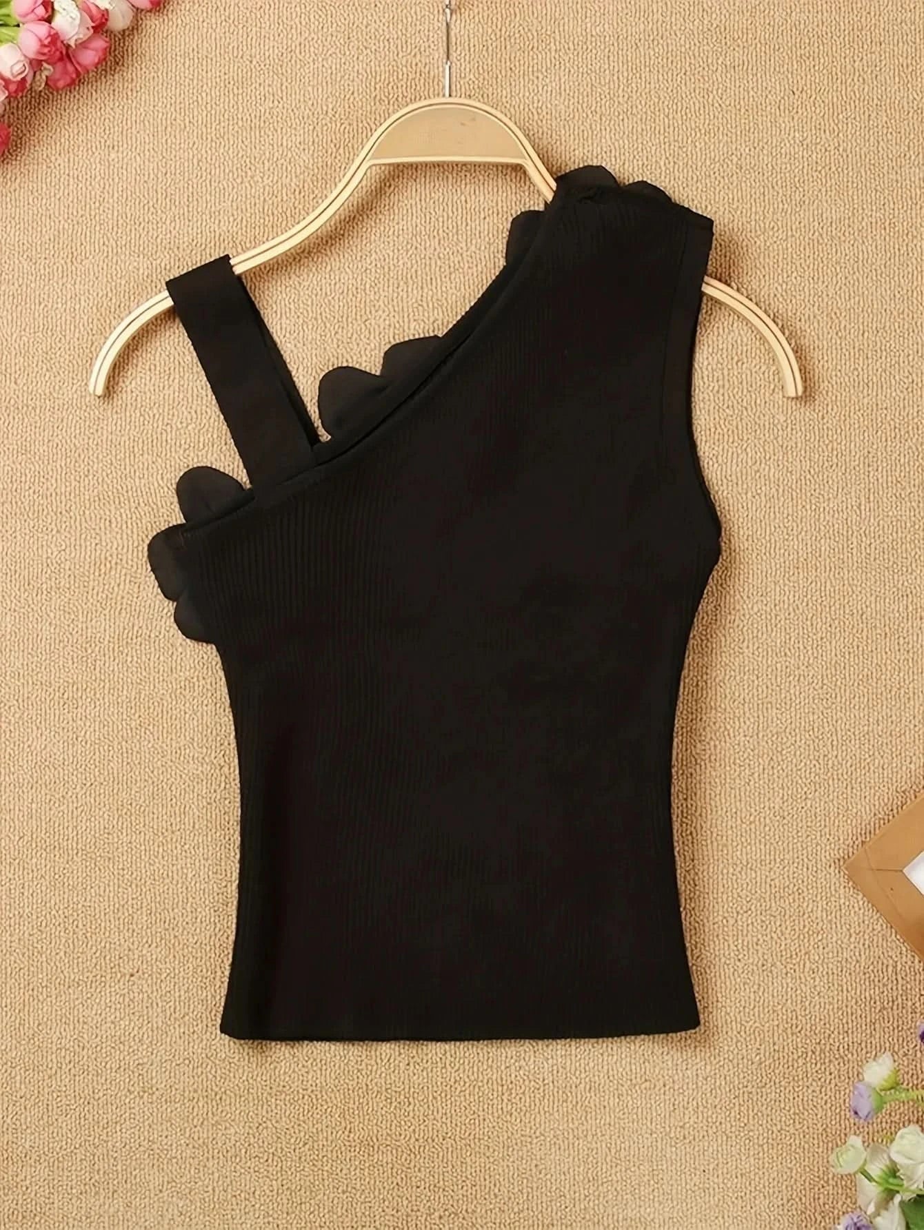 Solid Stereo Flower Asymmetric Neckline Knitted Top, Elegant Sleeveless Top For Summer & Spring, Women's Clothing - M & M Global