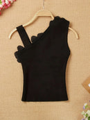 Solid Stereo Flower Asymmetric Neckline Knitted Top, Elegant Sleeveless Top For Summer & Spring, Women's Clothing - M & M Global