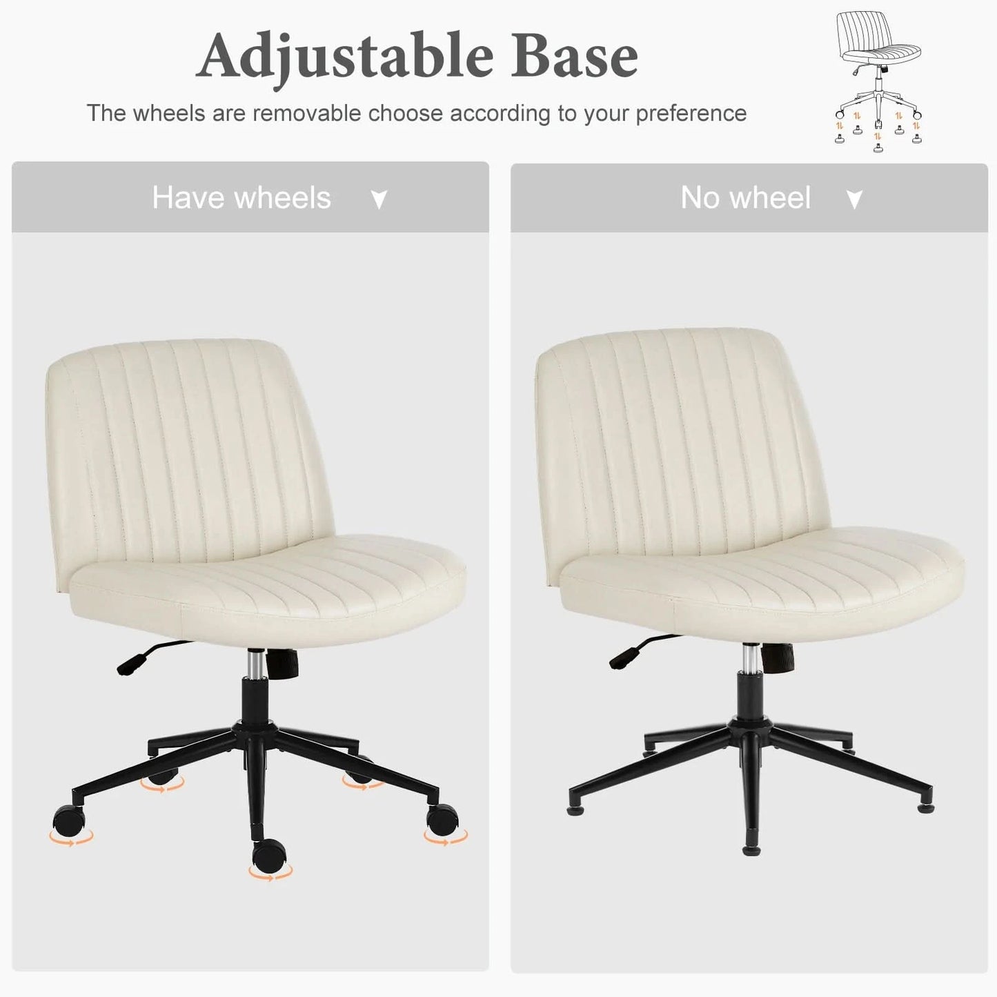 JHK Armless Cross Office Chairs with Wheels PU Leather Swivel Living Room Desk Chair Height Adjustable Support Seat Furniture