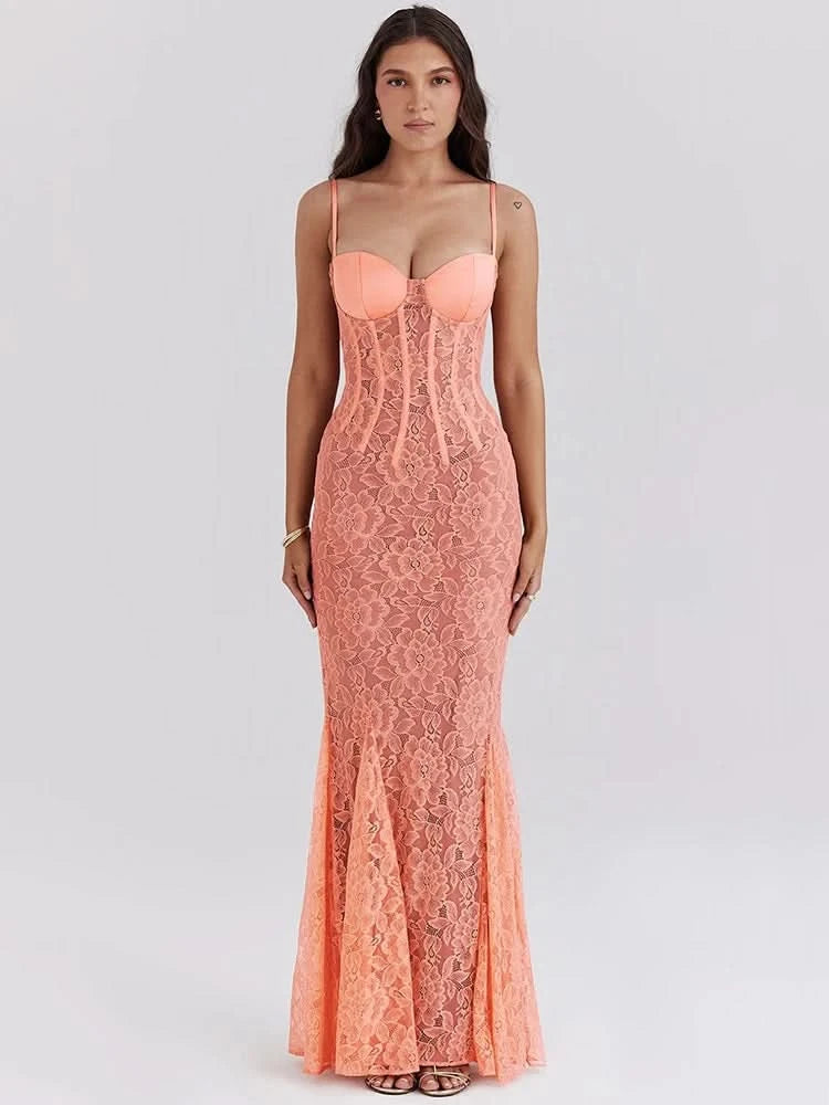 Mozision Floral Lace Sexy Maxi Dress For Women Orange Spaghetti Strap Sleeveless Backless Bodycon Club Party Long Dress Elegant - M & M Global