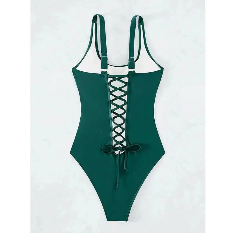 Women s-xxl size swimsuit One Piece black back bandage bikini Swimwear high waist bathing suit beach outfits bodysuit biquini - M & M Global