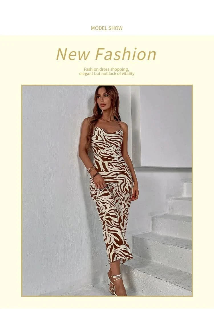 Women Sundress Summer Women Leopard Print Sexy Halter Beach Long Dress Backless Elegant Dresses Casual Resort Style Clothes - M & M Global