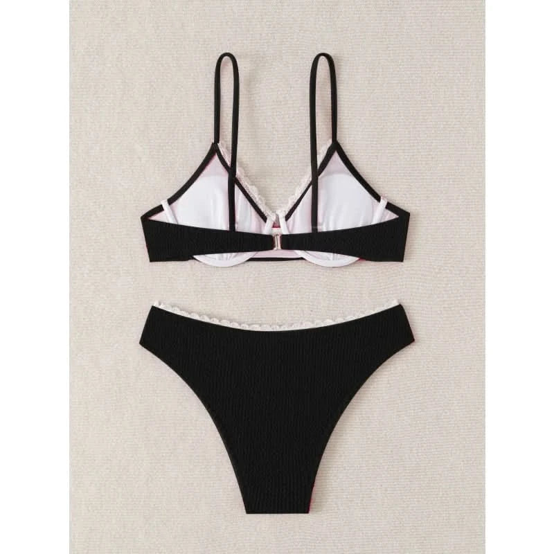 Sexy Bikini Set Women's 2 Piece Swimsuit Vintage Lace Edge Bikini Push Up Swimwear 2025 New Chic Simple Beachwear Bathing Suit - M & M Global