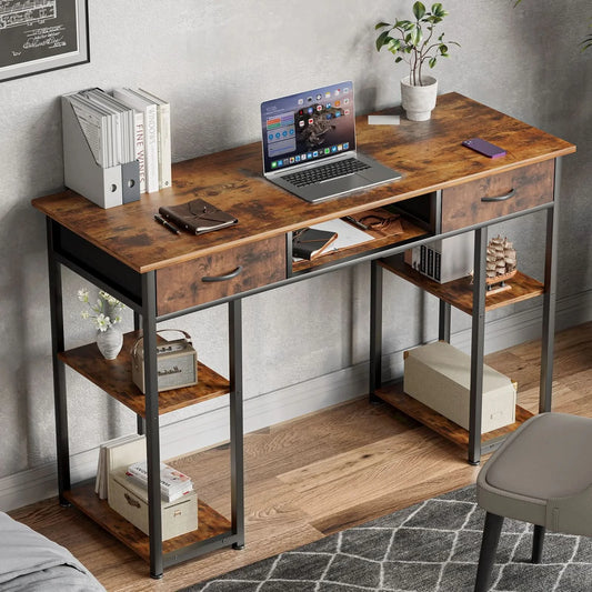 JHK 48 Inch Double Deck Shelving Office Computer Desk with Pull-out Fabric Storage Drawers Metal Frame Adjustable Feet Table ﻿
