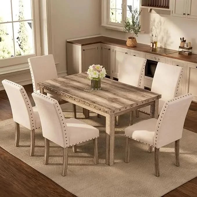 Rustic Dining Table, Farmhouse Kitchen Dining Chairs , Charming 60" Rectangular Wooden Table& Upholstered