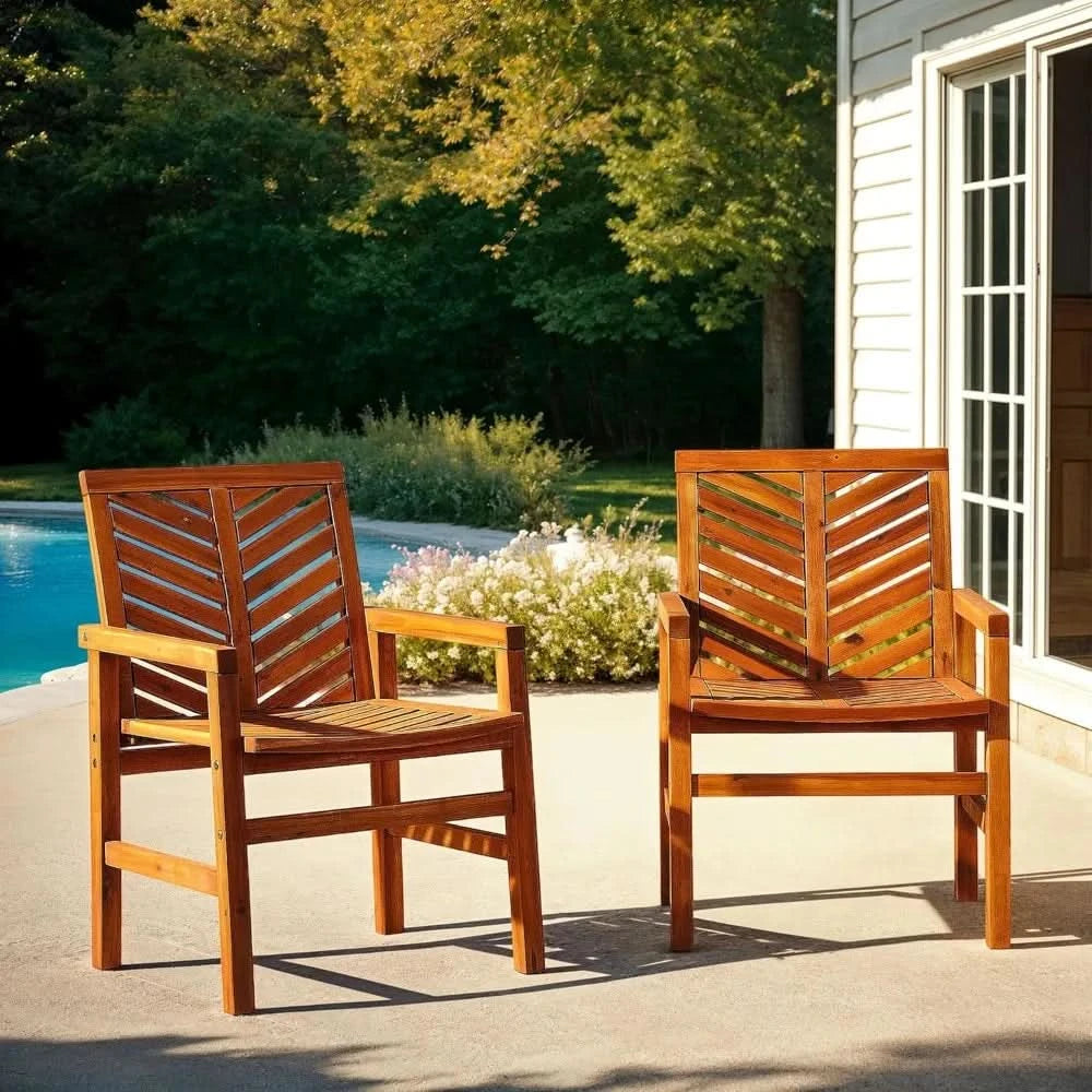 2 Piece Outdoor Patio Chevron Wood Chair Set All Weather Backyard Conversation Garden Poolside Balcony, Set of 2