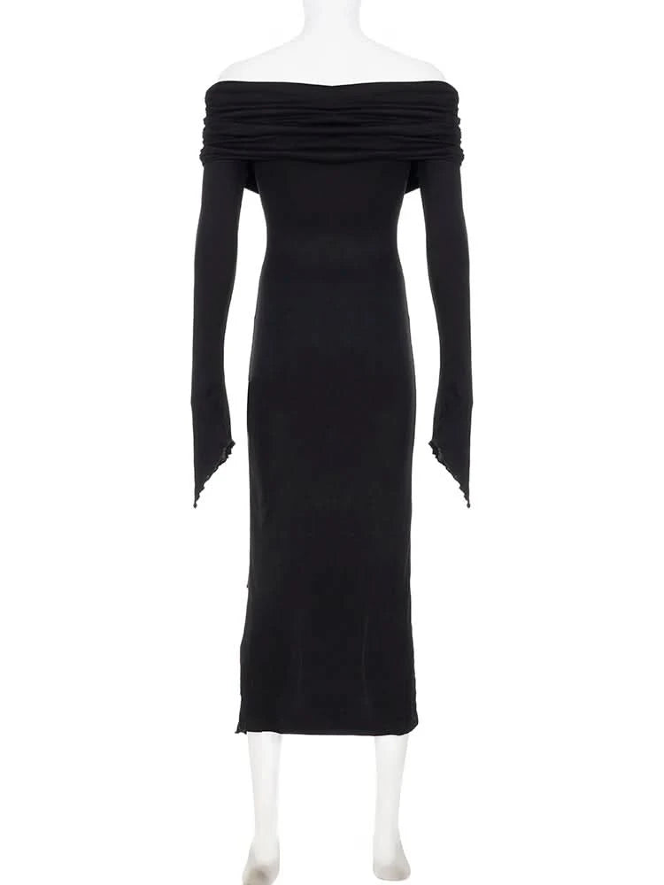 IAMSURE Elegant Fashion Dark Ruffles Split Long Dress Gothic Slash Neck Long Sleeve Maxi Dresses For Women 2023 Holiday Beach - M & M Global