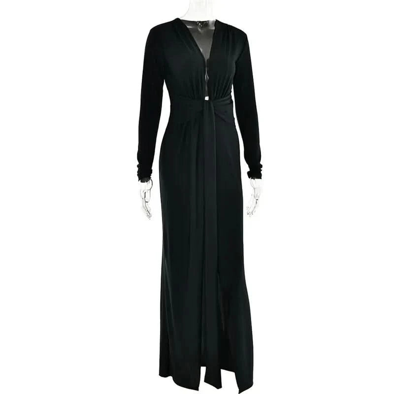 Mozision Deep V Neck Long Sleeve Split Maxi Dress Women Elegant Clubwear 2023 Autumn New Bodycon Ruched Sexy Long Dress - M & M Global