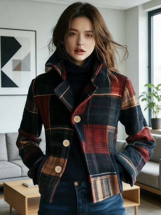 Women's Autumn/Winter Retro Plaid Jacket with Two-Button Closure, Soft and Comfortable Fabric, Perfect for Daily Casual Wear