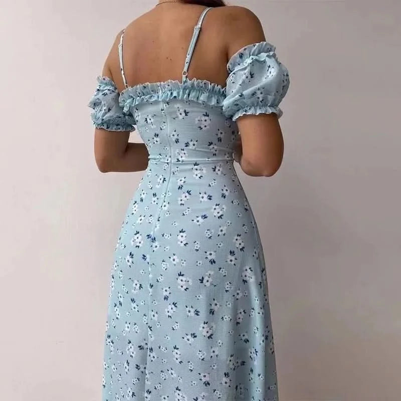Women Elegant Off Shoulder V Neck Long Dress Sexy Sling Ruffle Strapless Slit Party Dress Spring Floral Print Slim Dress 21764 - M & M Global