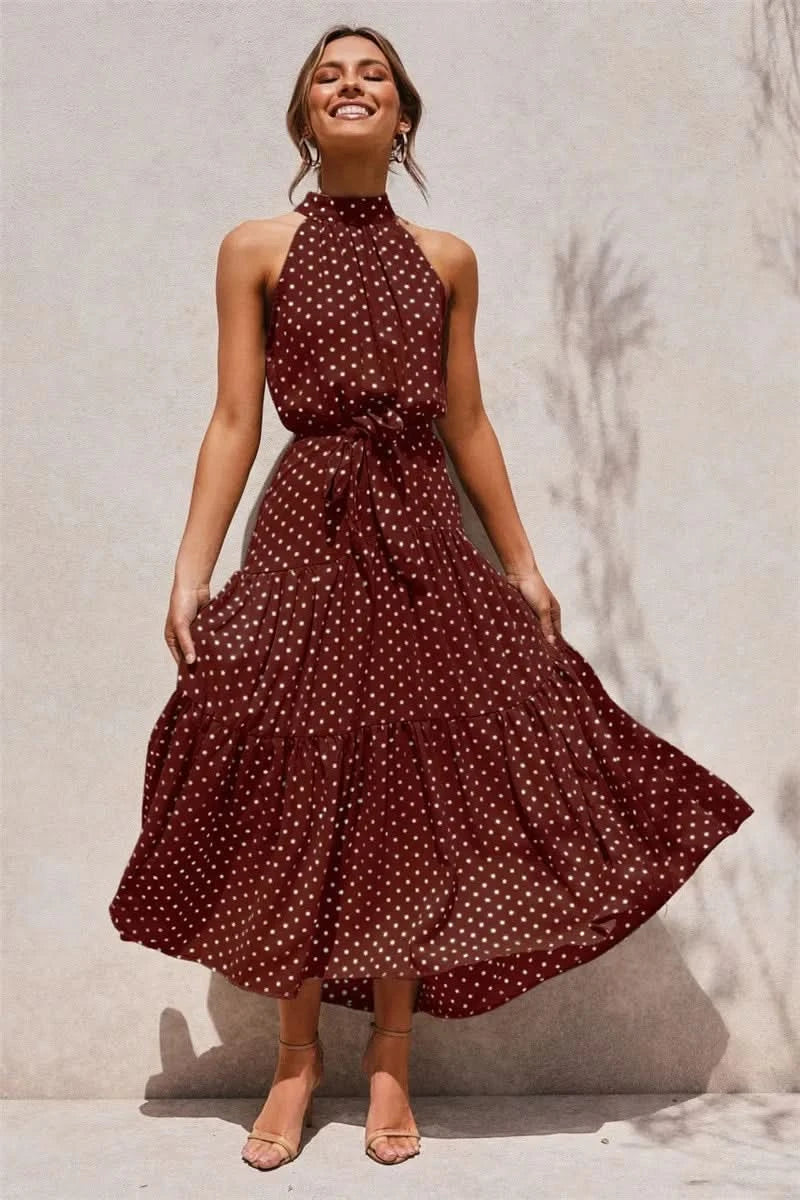 Summer Floral Print Halter Neck Dresses For Women Sleeveless Leace-up Long Dress Casual Beach Holiday Vestidos Female Clothing - M & M Global