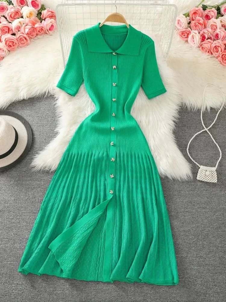 Summer 2024 New Women's Black Beige Single Breasted Knitted Long Dress Green Elegant Office Lady Short Sleeve Pleated Dress Chic - M & M Global