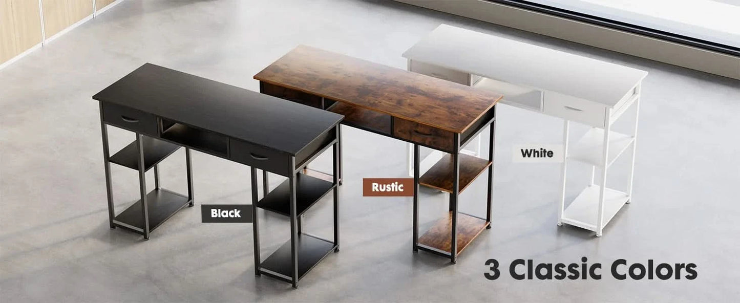 JHK 48 Inch Double Deck Shelving Office Computer Desk with Pull-out Fabric Storage Drawers Metal Frame Adjustable Feet Table ﻿