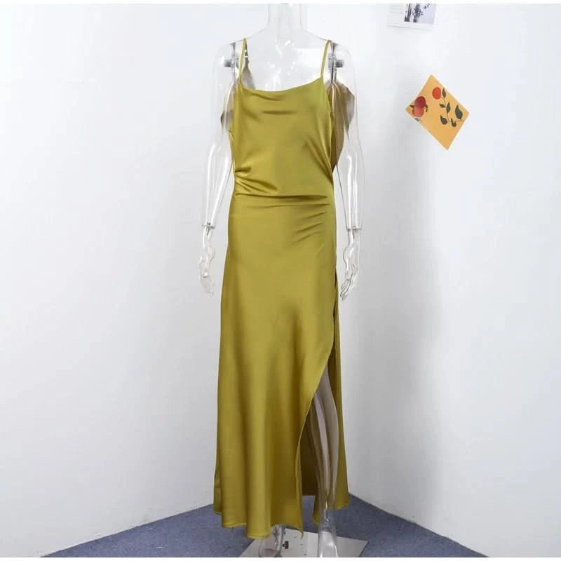 Elegant Green Satin Ruffles Sling Long Dress Women Sexy Backless Sleeveless Split Slim Dresses Lady 2025 New Party Club Vestidos - M & M Global