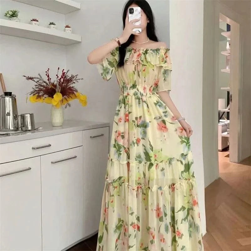 2024 New Summer Women Sexy Slash Neck Short Sleeve Slim Long Dress Fashion Patchwork Big Hem Sweet Ruffles Floral Dress - M & M Global
