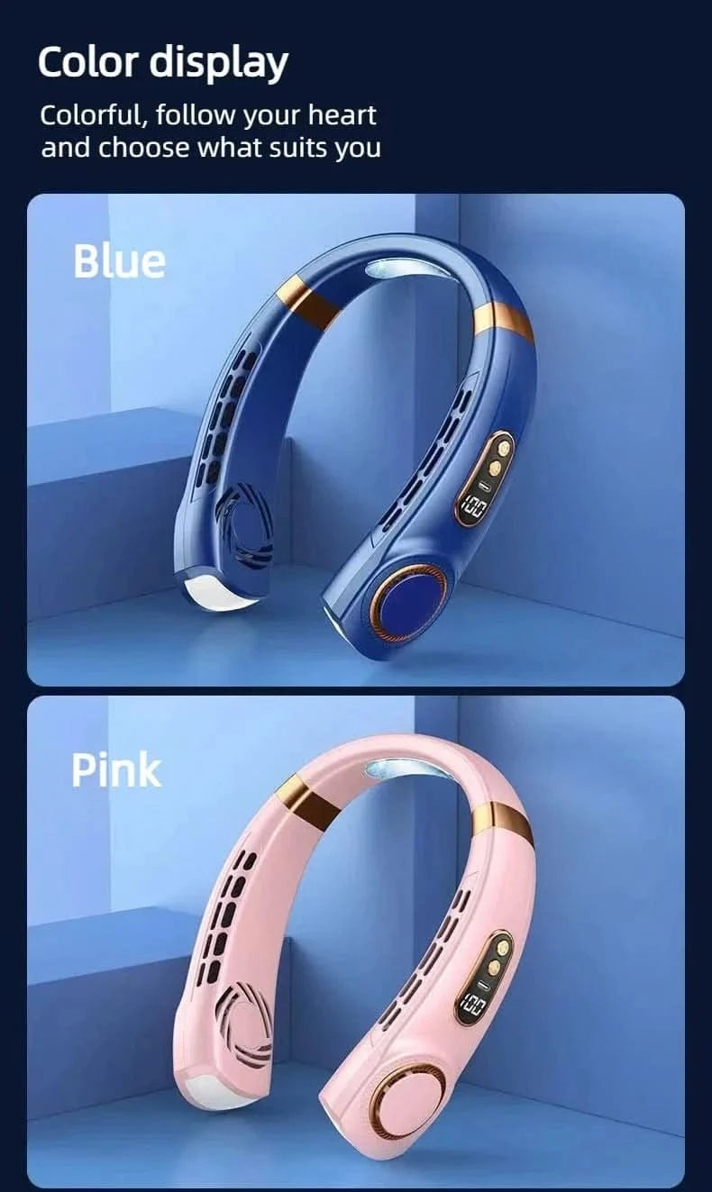 Blue and pink Bluetooth headsets displayed against a blue background with text about color display.