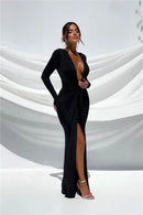Mozision Deep V Neck Long Sleeve Split Maxi Dress Women Elegant Clubwear 2023 Autumn New Bodycon Ruched Sexy Long Dress - M & M Global