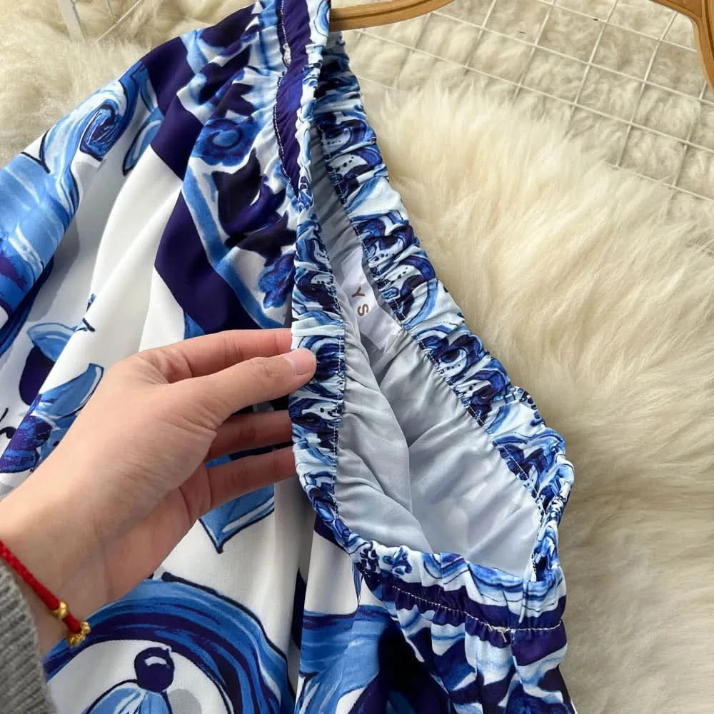 Summer Long Dress Women Runway Blue And White Porcelain Asymmetry Sexy Off The Shoulder Ruffles Hem Loose Robe Maxi Vestidos - M & M Global