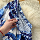 Summer Long Dress Women Runway Blue And White Porcelain Asymmetry Sexy Off The Shoulder Ruffles Hem Loose Robe Maxi Vestidos - M & M Global