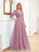 Luxury Pink V-Neck Tulle Splicing Short Sleeves Sequins Evening Dresses Women Elegant Party Short Sleeves Cocktail Gowns