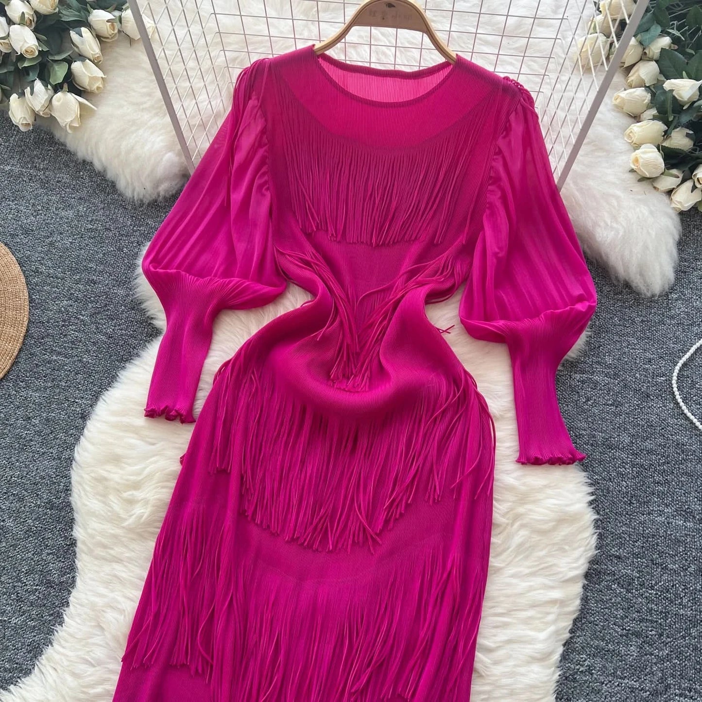 Vintage O-Neck Elegant Long Lantern Sleeve Chic Tassel Slim Long Dress French Fashion Evening High Street Autumn Winter Clothing - M & M Global