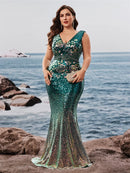 Plus Size Elegant V-Neck Sequins Evening Dresses Long New Luxury Women Formal Mermaid Wedding Party Cocktail Gowns