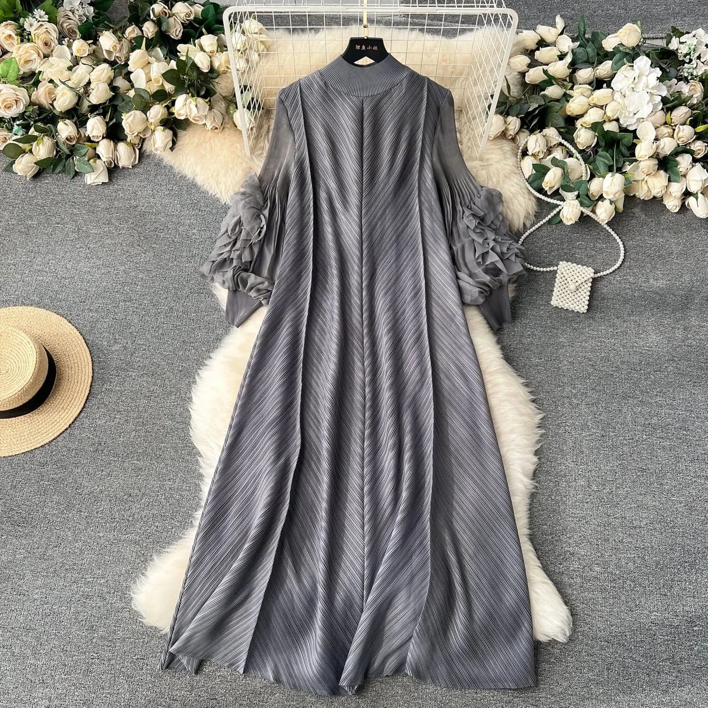 Sweet Pleated Vintage Three-dimensional Flower Loose Long Dress Chic Evening Korean Fashion Fashion Women Summer Dresses - M & M Global